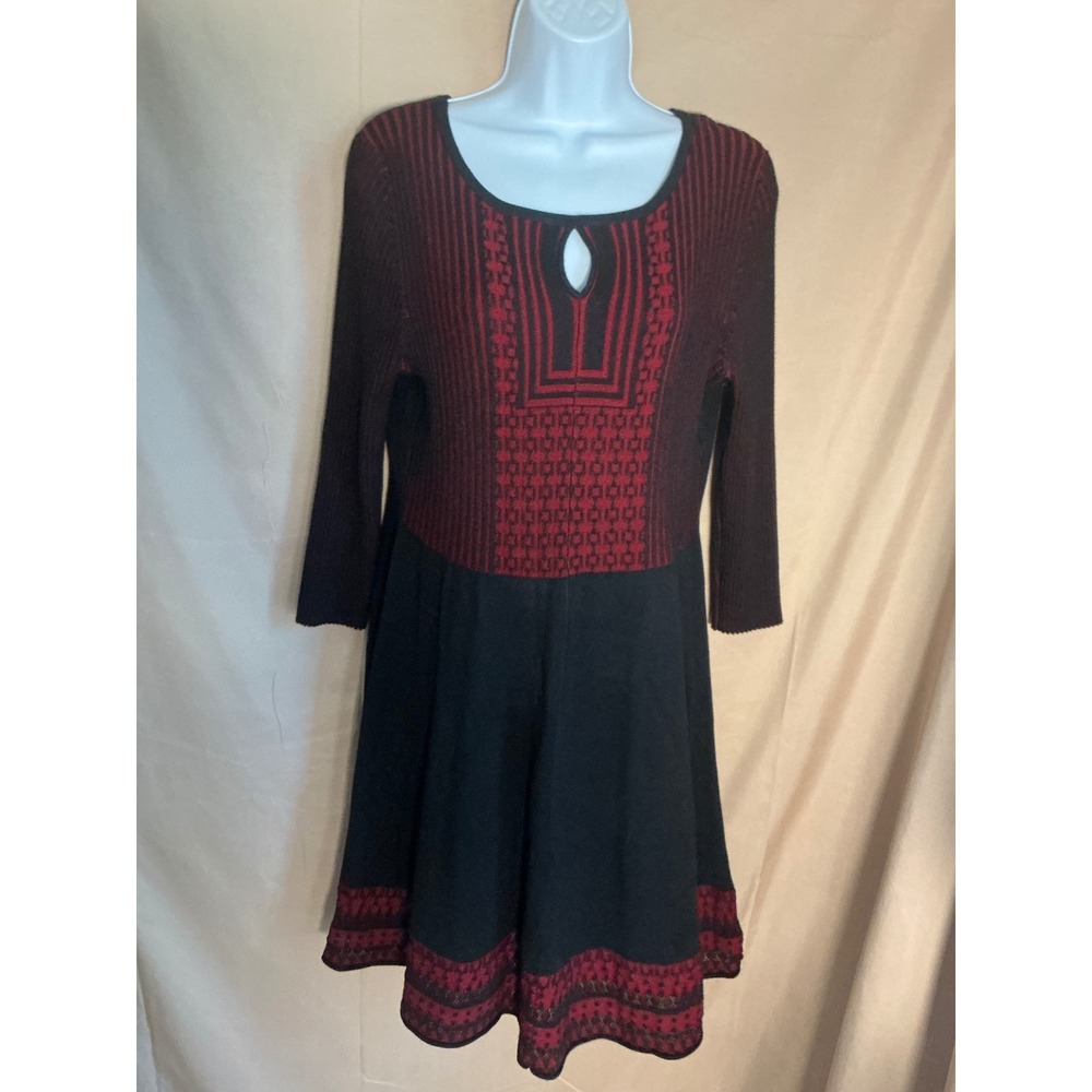 Olive + Oak Sweater Dress Women XL Black Red Excellent Keyhole Knit Fit & Flare